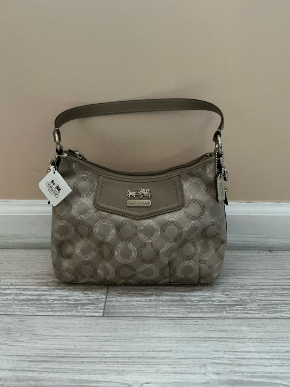 Coach Taupe Signature Shoulder Bag with Silver Hardware